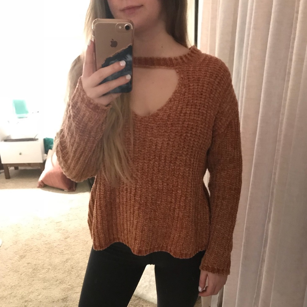 Chenille Sweater with V-neck Cutout